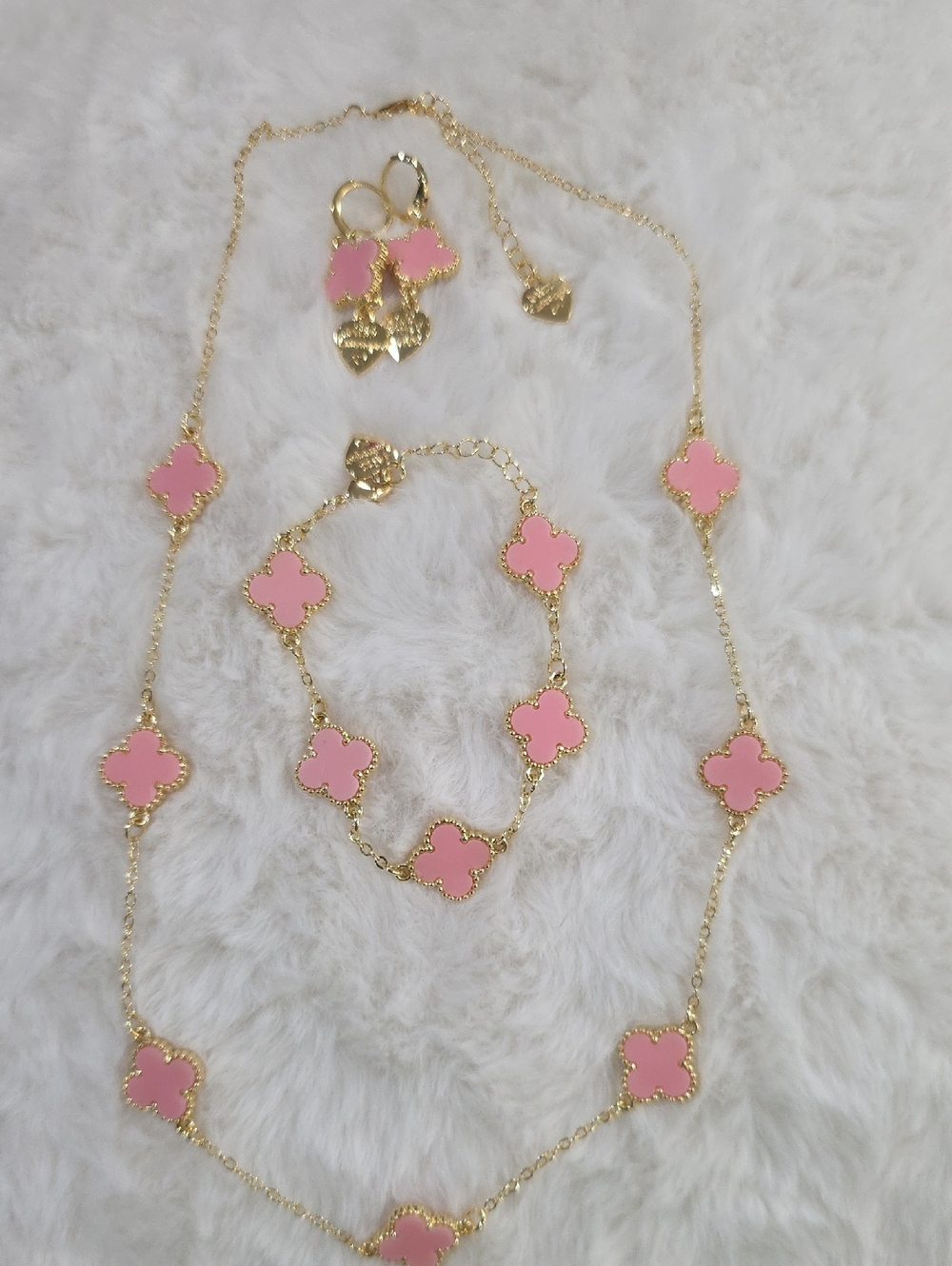 14k Gold Plated, Gold & Pink Clover Pendant Necklace, Bracelet and Earring Set